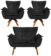 Sofá Namoradeira e 2 Poltronas Giratória MM30 Opala Suede D03 - D'Rossi - Preto