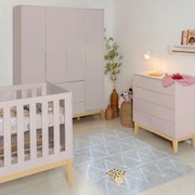 Kit Quarto Infantil Elfe com Pés Square Natural - Cômoda Elfe 4 Gavetas + Guarda-Roupa Elfe + Berço Mini Cama Noah - Rosa Fosco