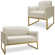 Conjunto Namoradeira e Poltrona Decorativa Isabella Base Industrial Linho Bege/Dourado G19 - Gran Belo