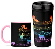 Kit Copo Viagem e Caneca Gato Musical Arco Iris Cat Lover Rosa