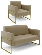 Sofá Namoradeira com Poltrona Base Industrial Alta Dourado Marisa Suede D03 - D'Rossi - Marrom Rato