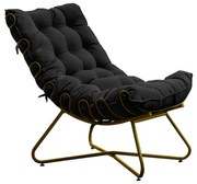 Poltrona Decorativa Sala de Estar Caim Base de Ferro Dourado Suede Preto G41 - Gran Belo