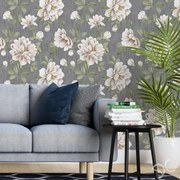 Papel de Parede Floral linho cinza flores retrô 0.52m x 3.00m