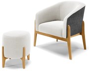 Poltrona e Puff Decorativo Base Madeira Stella PU Preto/Bouclê D03 - D'Rossi - Off White
