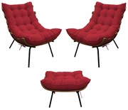 Kit 02 Poltronas e Puff Costela Base Fixa Suede Vermelho - ADJ Decor