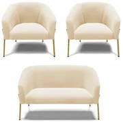Namoradeira e 2 Poltronas Pé de Ferro Dourado Stella Suede D03 - D'Rossi - Bege
