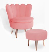 Poltrona Decorativa Dália com Puff Chloe Hairpin Legs Bronze Veludo Rosê