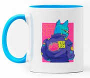 Caneca Cyberpunk Cat Nerd Branca com Alça Azul Clara