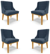 Kit 4 Cadeiras Decorativas Sala de Jantar Base Fixa de Madeira Firenze Suede Azul Marinho/Castanho G19 - Gran Belo