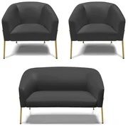 Namoradeira e 2 Poltronas Pé de Ferro Dourado Stella Sintético D03 - D'Rossi - Preto