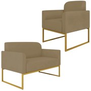 Conjunto Namoradeira e Poltrona Decorativa Isabella Base Industrial Suede Nude/Dourado G19 - Gran Belo