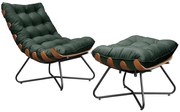 Conjunto Decorativo Poltrona e Puff Caim Base de Madeira Preto Suede Verde G41 - Gran Belo