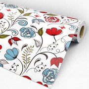 Papel de Parede Floral Desenho Azul Vermelho e Verde 0.52m x 3.00m