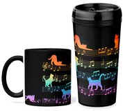 Kit Copo Viagem e Caneca Gato Musical Arco Iris Cat Lover Preto