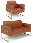 Sofá Namoradeira com Poltrona Base Industrial Alta Dourado Marisa Corano D03 - D'Rossi - Nozes