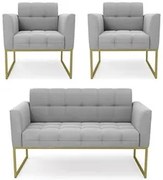 Sofá Namoradeira e 2 Poltronas Base Industrial Dourado Ana Suede Cinza