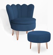 Poltrona Decorativa Dália com Puff Chloe Hairpin Legs Bronze Veludo Azul Marinho