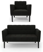 Sofá Namoradeira e Poltrona Base de Madeira Preto Elisa Suede D03 - D'Rossi - Preto