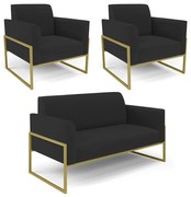 Sofá Namoradeira com 2 Poltronas Base Industrial Alta Dourado Marisa Veludo Preto D03 - D'Rossi