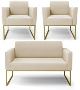 Sofá Namoradeira com 2 Poltronas Base Industrial Dourado Marisa Suede D03 - D'Rossi - Bege