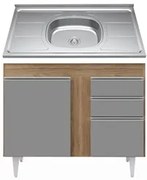 Balcão Gabinete Com Pia Inox 100cm 2 Portas 2 Gavetas Luziania Castanh