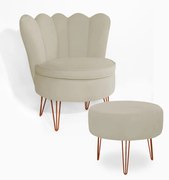 Poltrona Decorativa Dália com Puff Chloe Hairpin Legs Bronze Veludo Bege