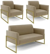 Sofá Namoradeira com 2 Poltronas Base Industrial Alta Dourado Marisa Suede D03 - D'Rossi - Marrom Rato