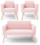 Sofá Namoradeira com 2 Poltronas Pés Palito Natural Marisa Suede D03 - D'Rossi - Rosa Bebê