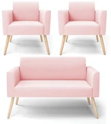 Sofá Namoradeira com 2 Poltronas Pés Palito Natural Marisa Suede D03 - D'Rossi - Rosa Bebê