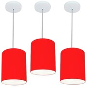 Kit/3 Lustre Pendente Cilíndrico Md-4012 Cúpula em Tecido 18x25cm Vermelho - Bivolt