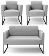 Sofá Namoradeira com 2 Poltronas Base Industrial Preto Marisa Suede D03 - D'Rossi - Cinza