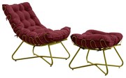 Conjunto Decorativo Poltrona e Puff Caim Base de Ferro Dourado Suede Bordo G41 - Gran Belo