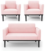 Conjunto 2 Poltronas e 1 Namoradeira Decorativa Isabella Pés Fixo em Madeira Preto Suede Rosa Bebê G19 - Gran Belo