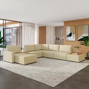 Sofá de Canto Decorativo Sala de Estar 603cm Modulado Takashi com Chaise e Puffs Linho Bege G45 - Gran Belo