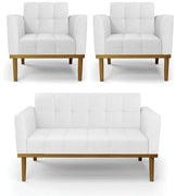 Conjunto 2 Poltronas e 1 Namoradeira Decorativa Karen Pés Fixo em Madeira Castanho PU Branco G19 - Gran Belo