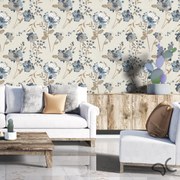 Papel de Parede Floral Azul Marrom e Bege 0.52m x 3.00m