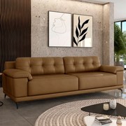 Sofá Living 3 lugares 232cm Agostino Pés Design em Ferro Couro Caramelo G52 - Gran Belo