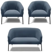 Namoradeira e 2 Poltronas Pé de Ferro Preto Stella Suede D03 - D'Rossi - Azul Marinho
