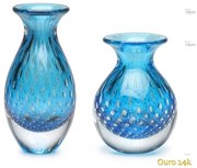 Par de Vasos Mini Tela Água-marinha com Ouro Murano Cristais Cadoro