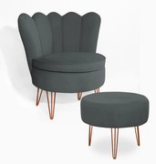 Poltrona Decorativa Dália com Puff Chloe Hairpin Legs Bronze Veludo Cinza Grafite