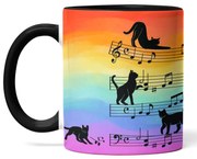 Caneca Gato Musical Arco Iris Cat Lover Colorida com Alça Preto