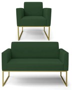 Sofá Namoradeira com Poltrona Base Industrial Dourado Marisa Veludo D03 - D'Rossi - Verde