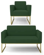Sofá Namoradeira com Poltrona Base Industrial Dourado Marisa Veludo D03 - D'Rossi - Verde