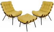 Kit 2 Poltronas Decorativa Costela Com Puff Costela Suede Amarelo