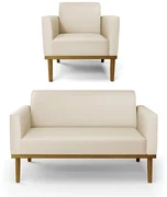 Conjunto Poltrona e Namoradeira Decorativa Isabella Pés Fixo em Madeira Castanho PU Bege G19 - Gran Belo