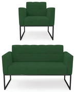 Kit 1 Sofá Namoradeira e 1 Poltrona Elisa Veludo Base Metálica Industrial Preto - D'Rossi - Verde
