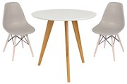 Conjunto Mesa Square Redonda 80cm Pés em Madeira Taeda + 2 Cadeiras Eiffel Bege acinzentado