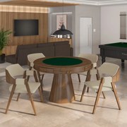 Conjunto Mesa de Jogos Carteado Bellagio Tampo Reversível Verde e 4 Cadeiras Madeira Poker Base Cone Linho OffWhite/Nogueira G42 - Gran Belo