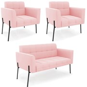 Sofá Namoradeira e 2 Poltronas Pé de Ferro Preto Elisa Suede D03 - D'Rossi - Rosa Bebê