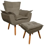 Poltrona e Puff Decorativo Pé Palito de Madeira Opala Suede D03 - D'Rossi - Marrom Rato